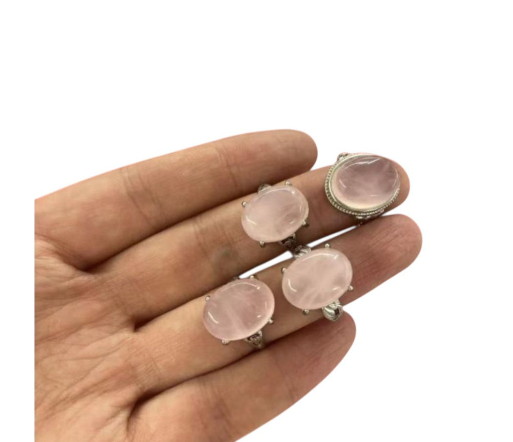 Anello Rame Placcato Argento Regolabile Quarzo Rosa