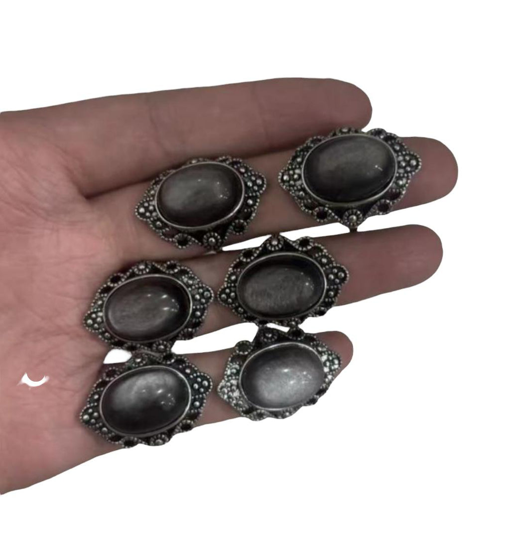 Anello Rame Placcato Argento Regolabile Ossidiana Silver
