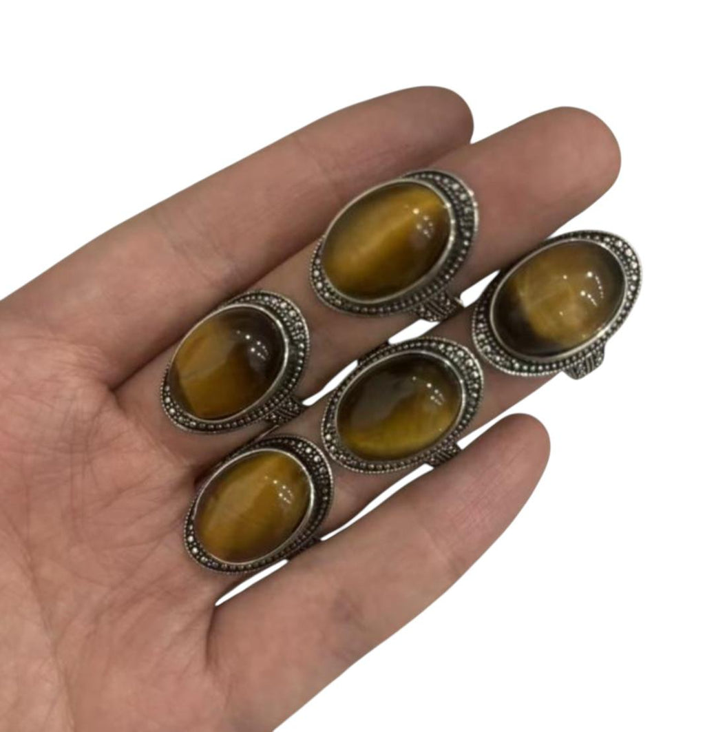 Anello Rame Placcato Argento Regolabile Occhio di Tigre