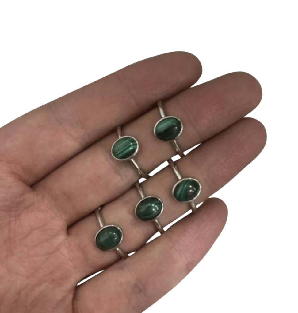 Anello Rame Placcato Argento Regolabile Malachite