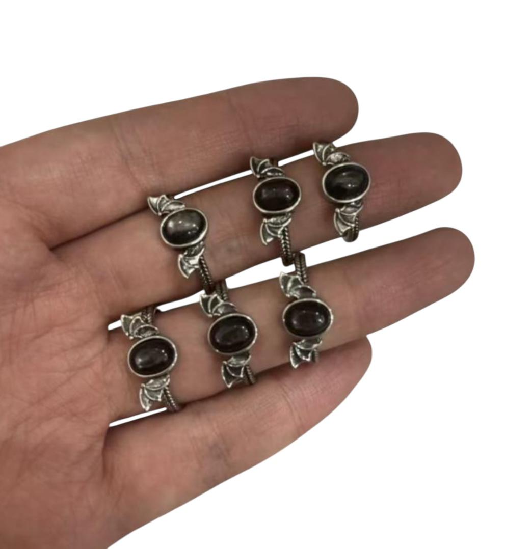 Anello Rame Placcato Argento Regolabile Pipistrello Ossidiana Silver