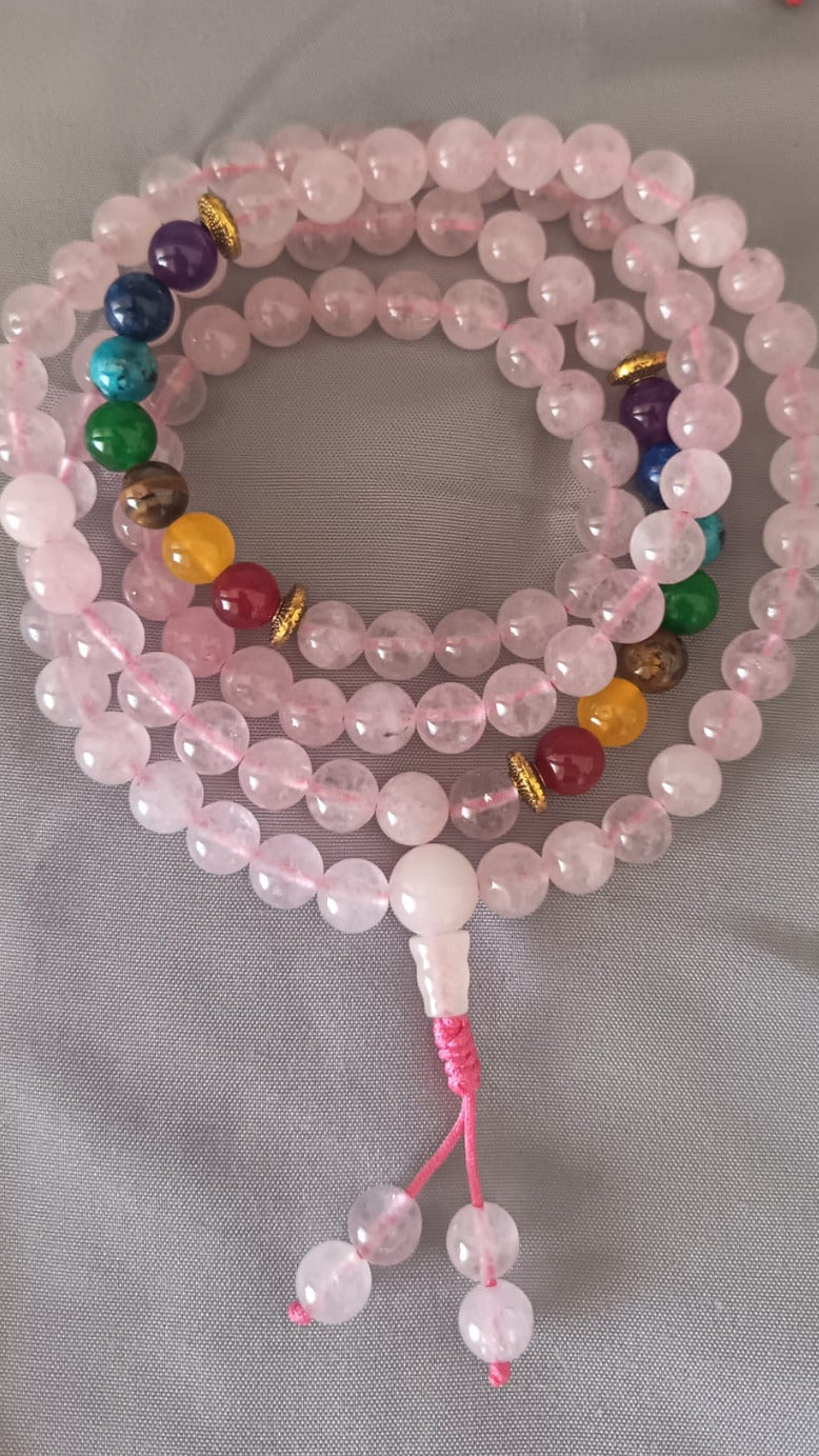 Japamala 7 Chakra | Quarzo Rosa & Pietre Naturali | Separatori Dorati