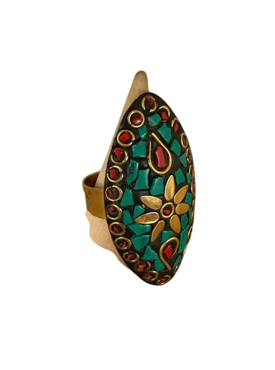 Anello Tibetano Regolabile in Rame con Turchese e Corallo