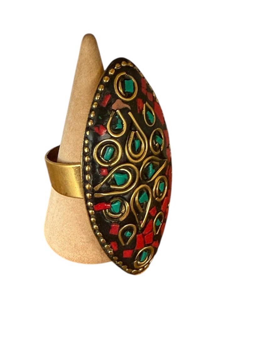 Anello Tibetano Regolabile in Rame con Malachite e Corallo Gocce