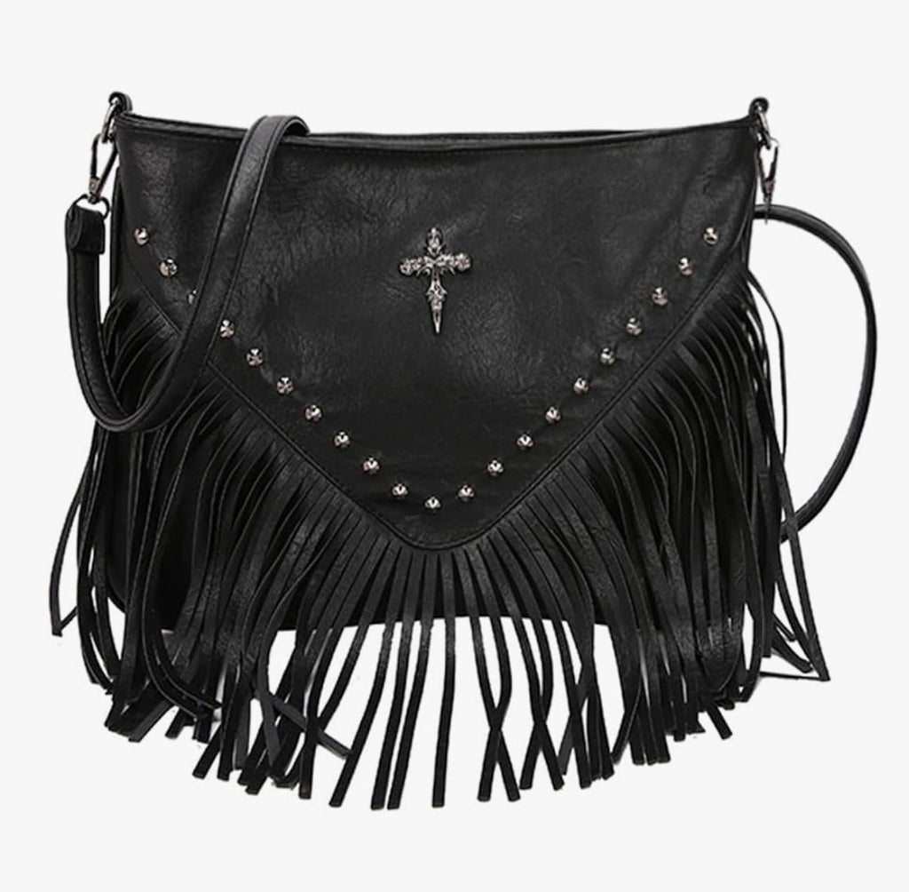 Borsa Tracolla Ecopelle Nera con Frange e Croce Borchiata 32x23cm