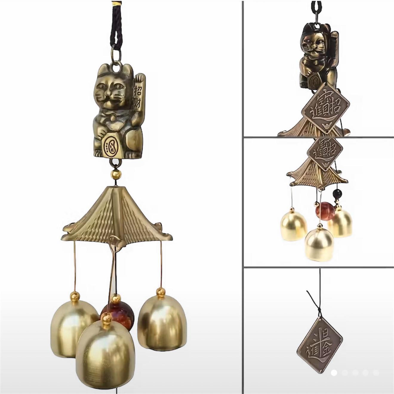 Campana a Vento Maneki Neko Gatto Portafortuna Bronzo 43cm