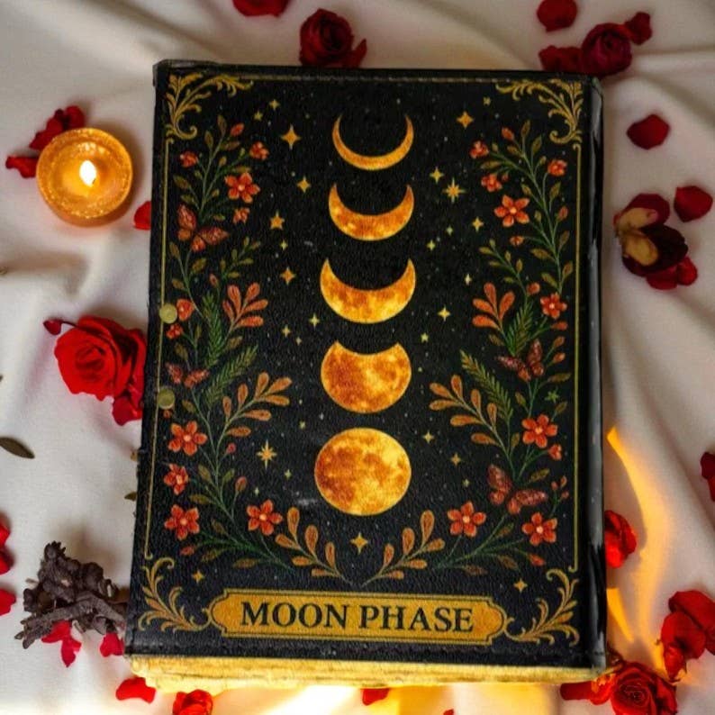 Grimorio Moon Phase — Vera Pelle con Fogli in Cotone
