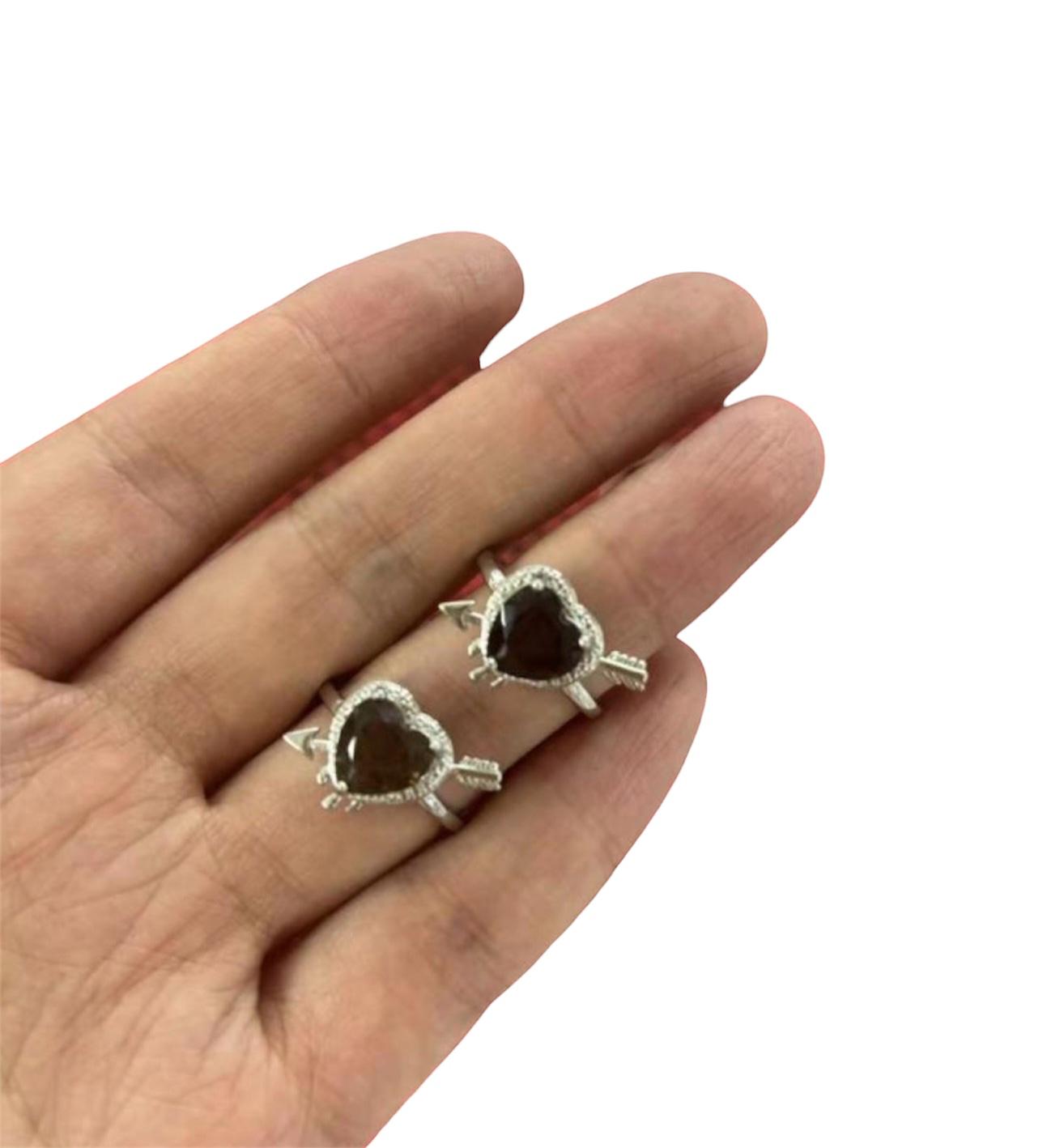 Anello Rame Placcato Argento Regolabile Cuore Quarzo Fumé