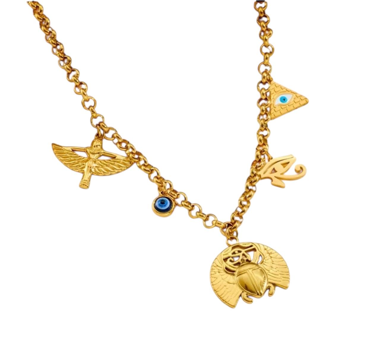 Collana Egizia con Simboli Sacri - Scarabeo, Iside, Occhio di Horus