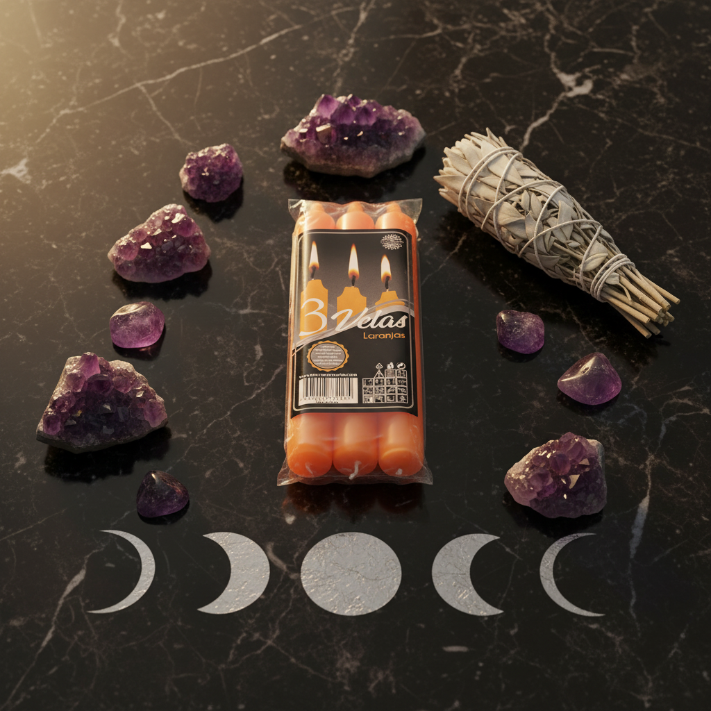Set da 3 candele arancioni su marmo nero con cristalli