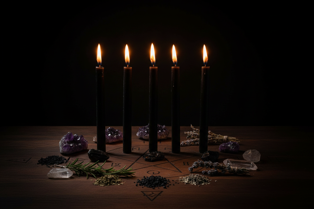 Candele rituali nere su altare esoterico