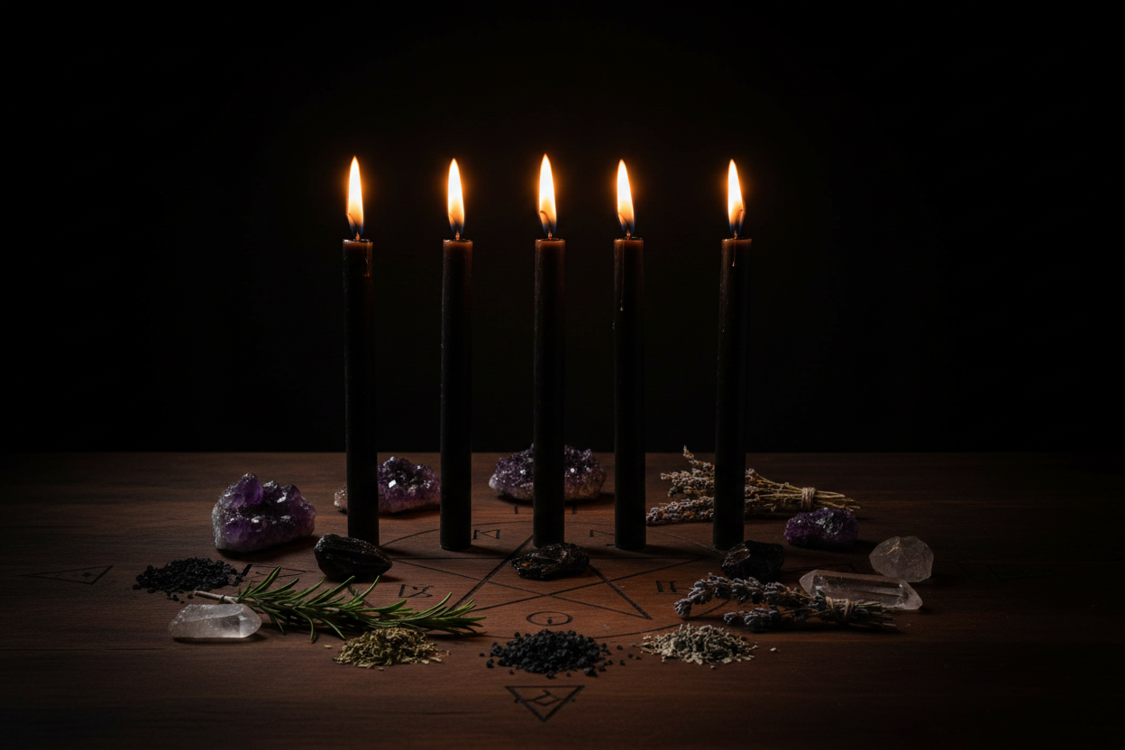 Candele rituali nere su altare esoterico