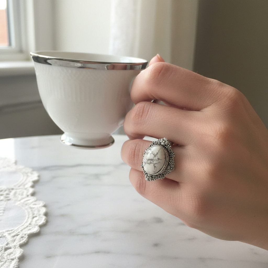 Anello howlite lifestyle indossato