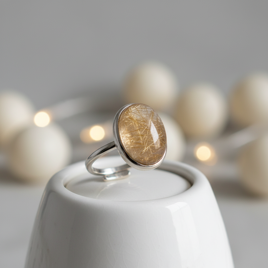 Anello golden quartz su porta-anello in ceramica