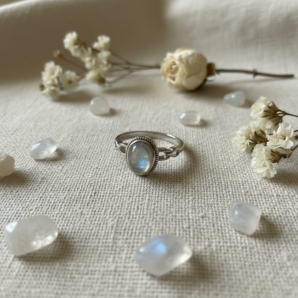 Anello labradorite bianca composizione fiori