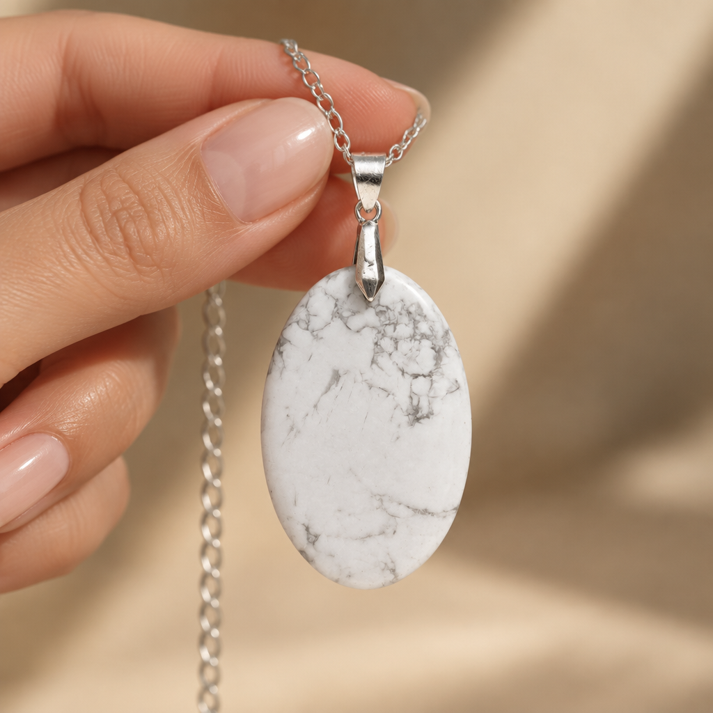 Collana con howlite tenuta tra le dita
