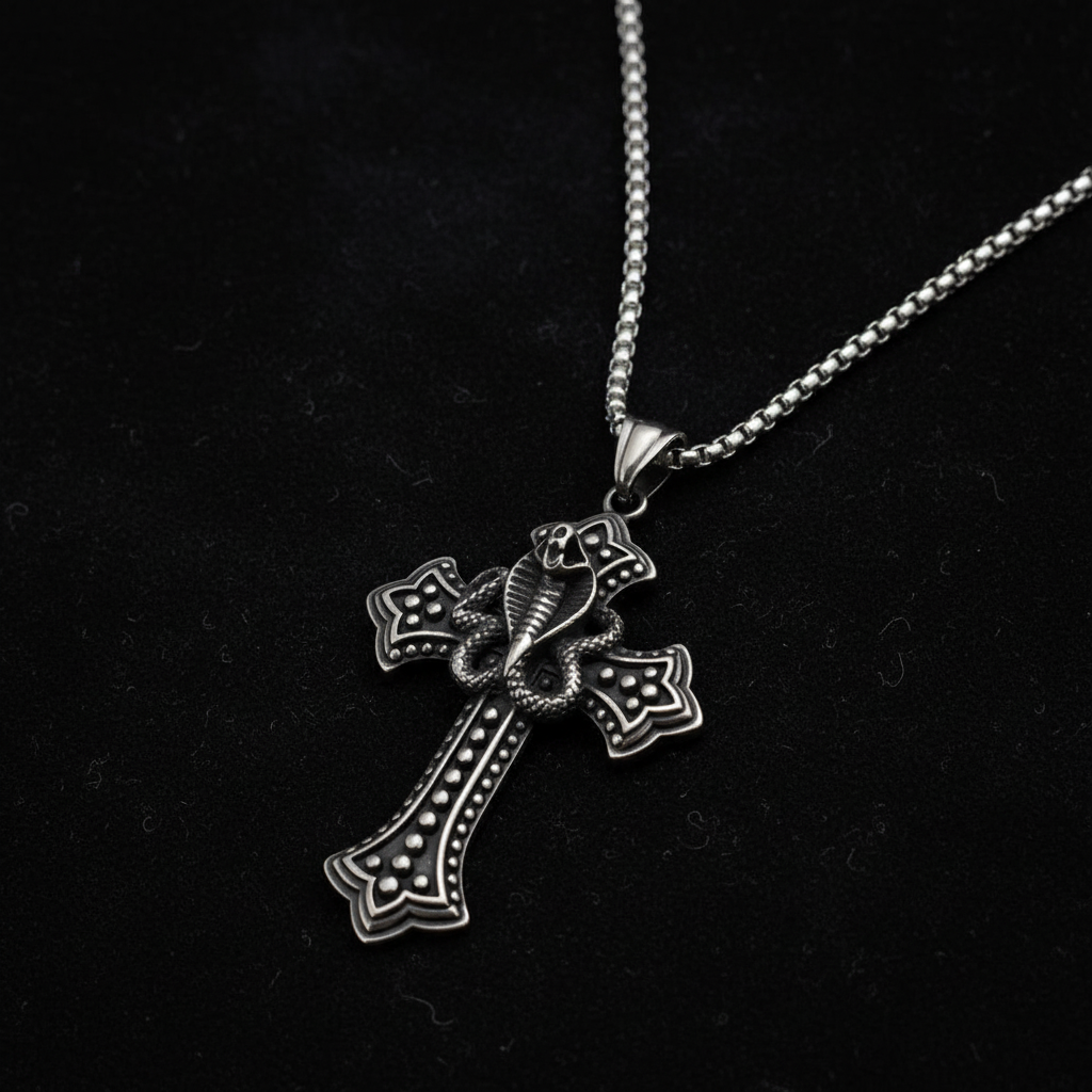 Collana croce e serpente - sfondo scuro
