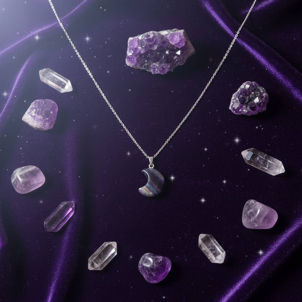 Collana Luna Fluorite Rainbow - sfondo cristalli e ametiste