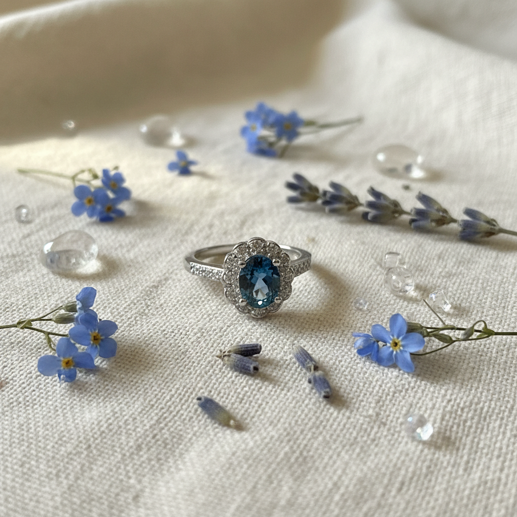 Anello topazio London Blue composizione fiori