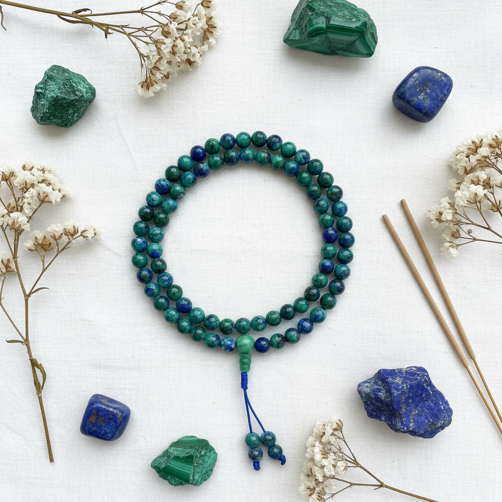 Japamala crisocolla verde-blu - composizione fiori e cristalli