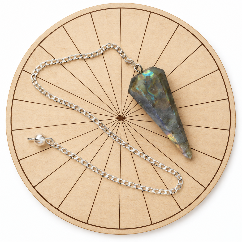 Pendolo in labradorite su tavola da radiestesia illustrativa, non inclusa