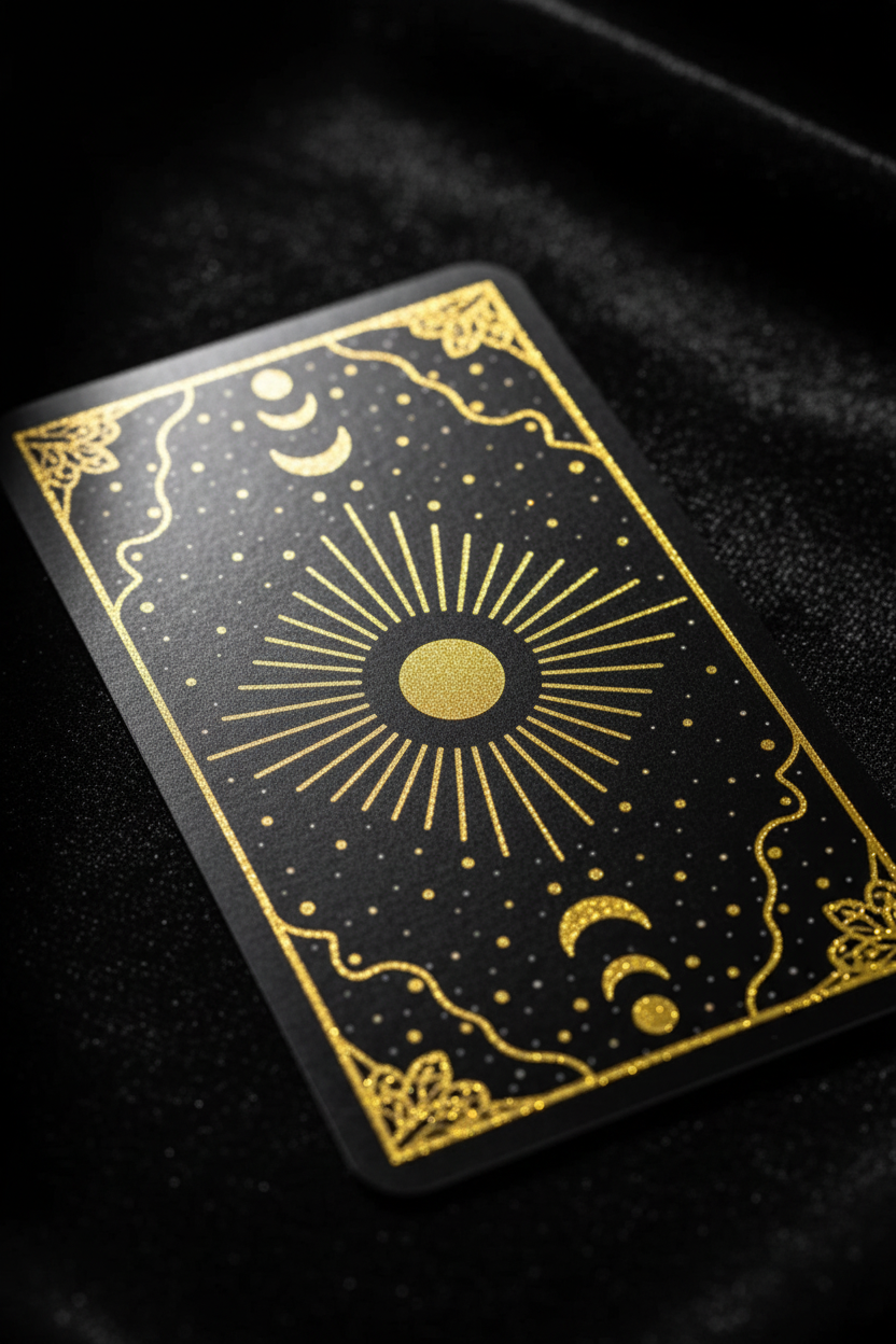 Tarocchi dei Cristalli - macro retro carta sole e lune in oro