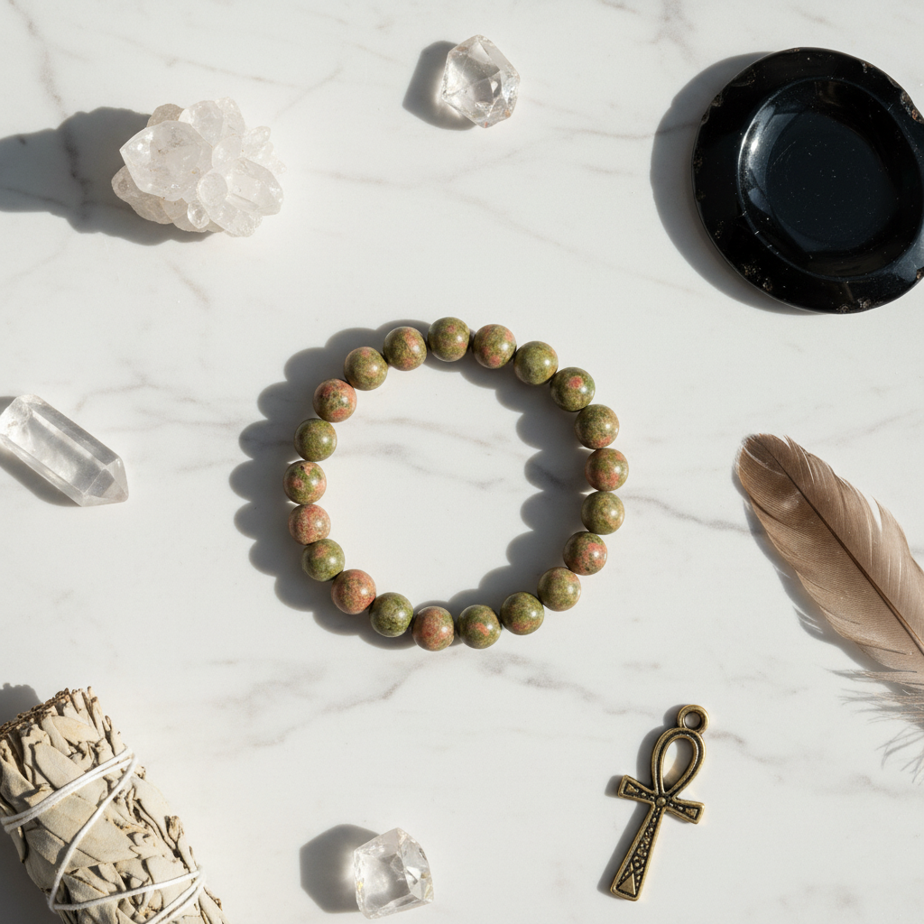 Bracciale Unakite 8mm - flat lay con cristalli