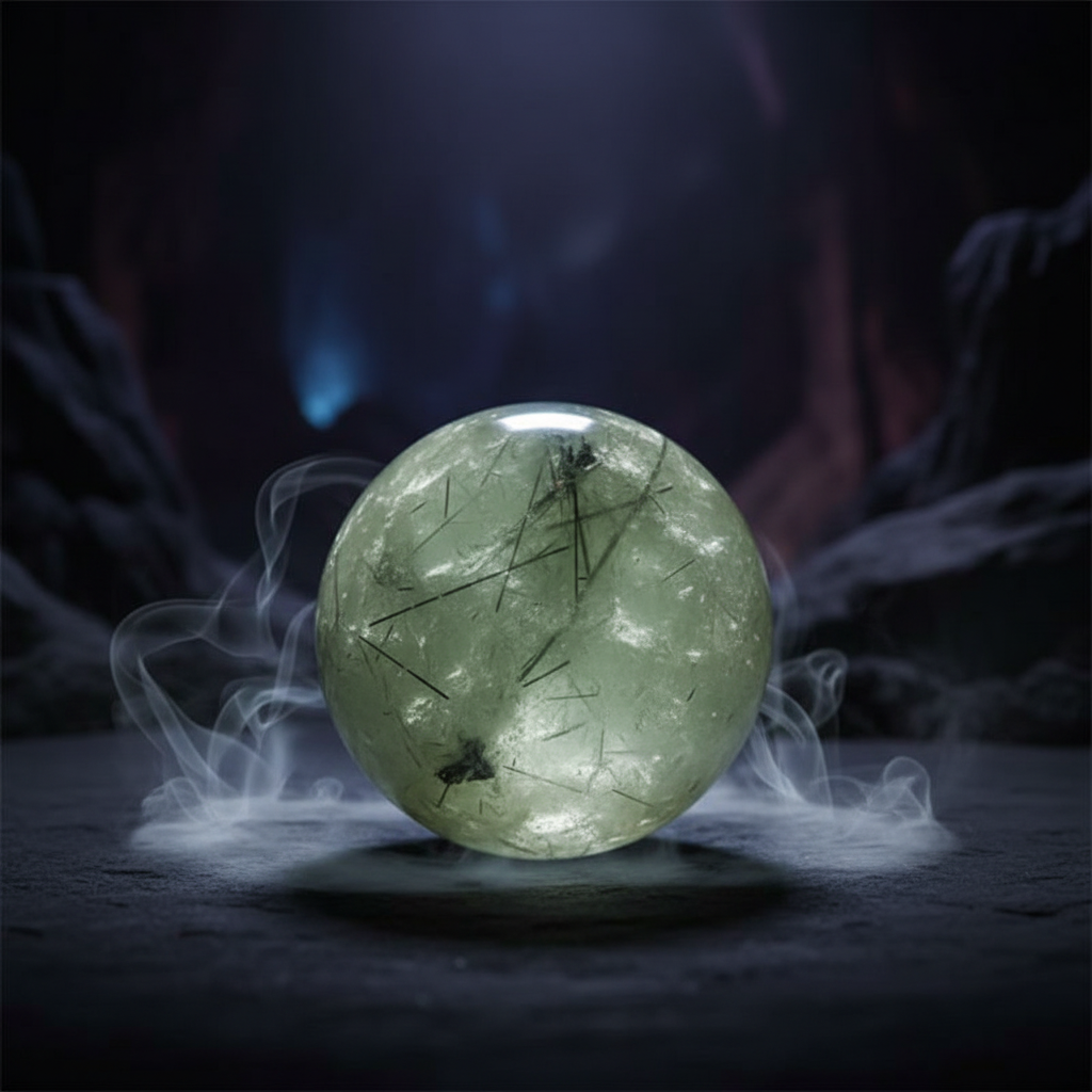 Sfera in Prehnite con Tormalina Nera con fumo mistico