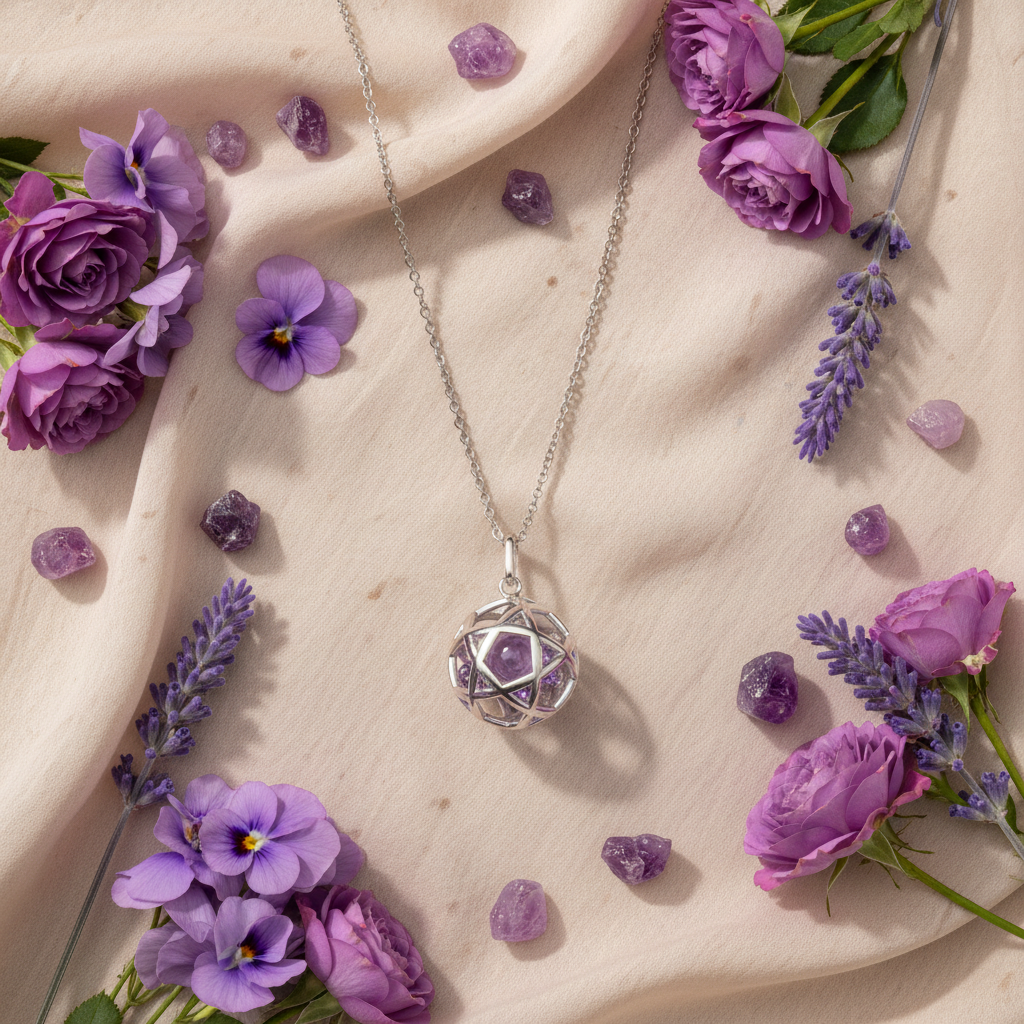 Collana Pentasfera con ametista, fiori viola e cristalli
