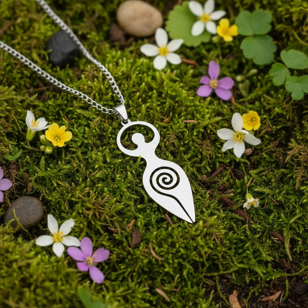 Collana Dea Madre Spirale della Vita - muschio e fiori selvatici