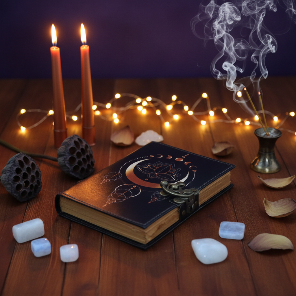 Grimorio Luna Crescente e Loto - altare lunare con candele rame e moonstone