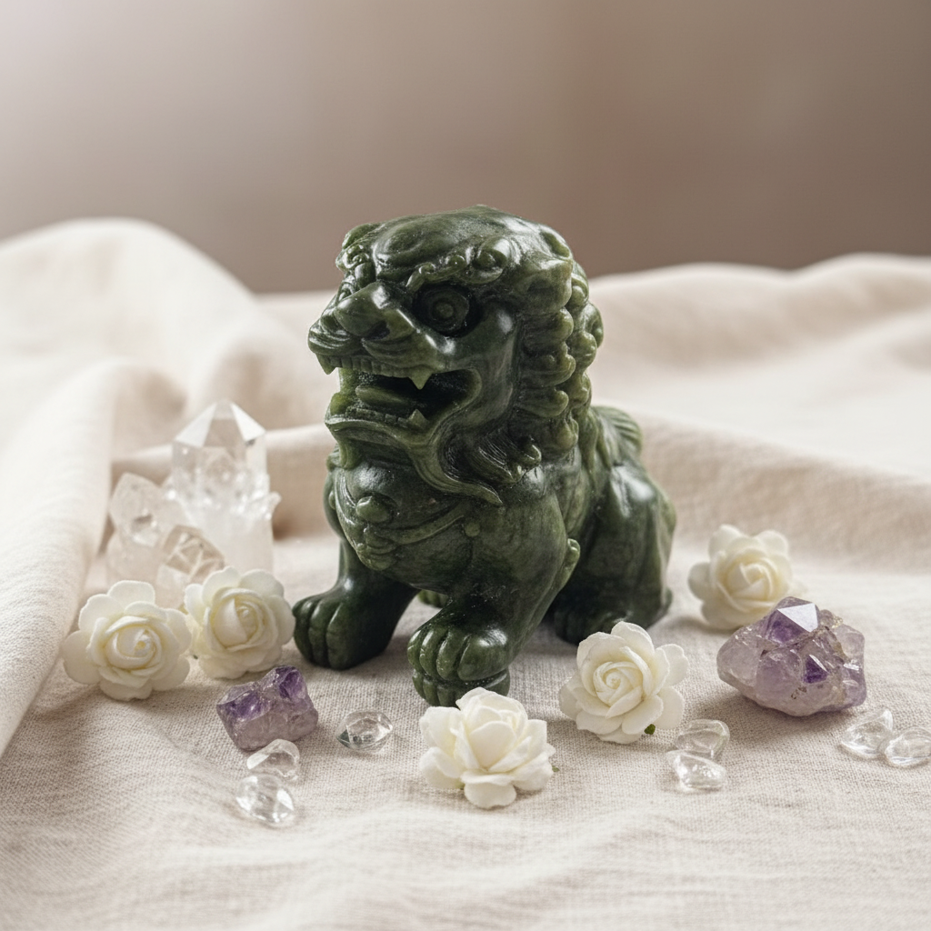 Leone Guardiano in Giada Verde - composizione con fiori e cristalli