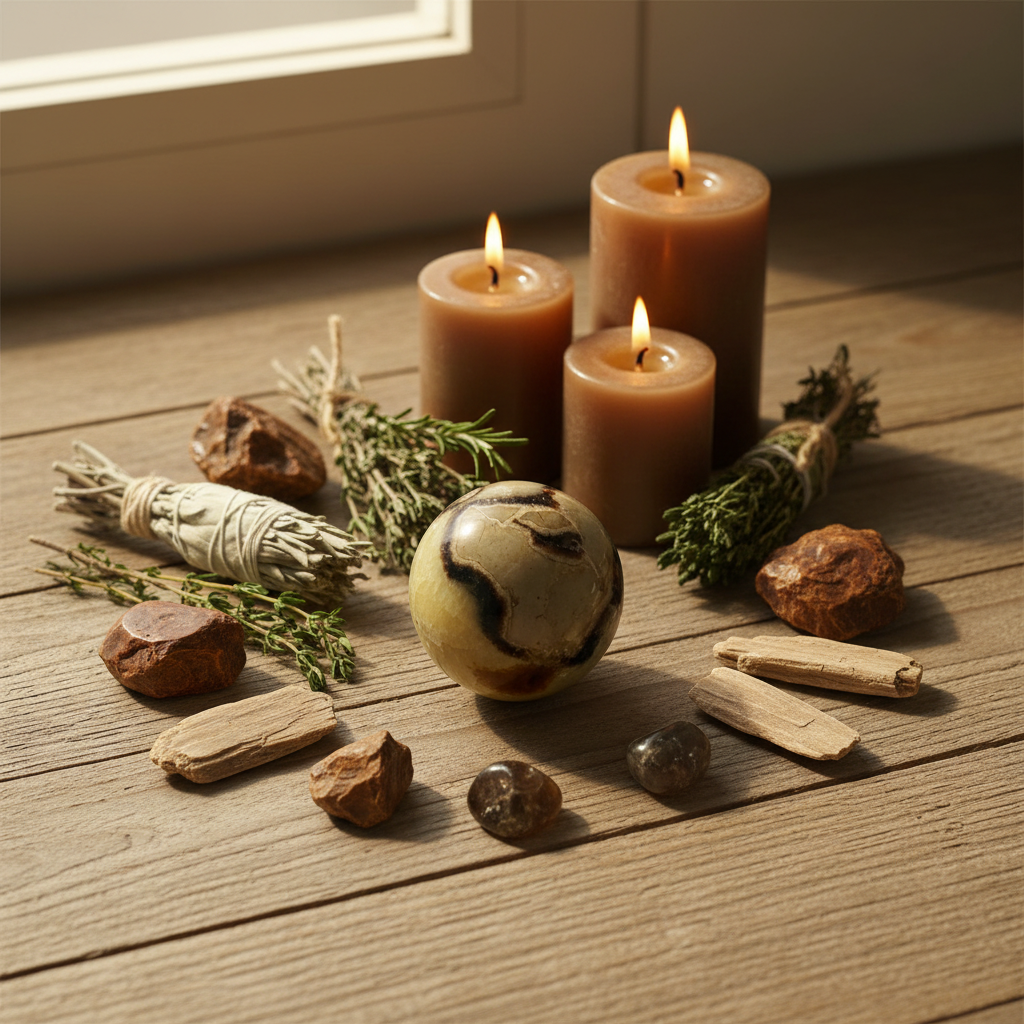 Sfera Septaria lifestyle legno con erbe e candele marroni