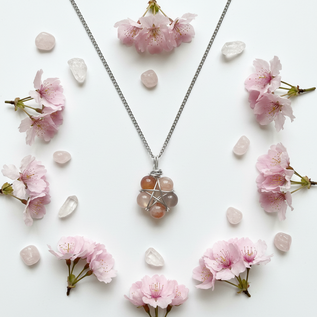 Collana Pentacolo Agata Sakura - composizione con fiori e cristalli