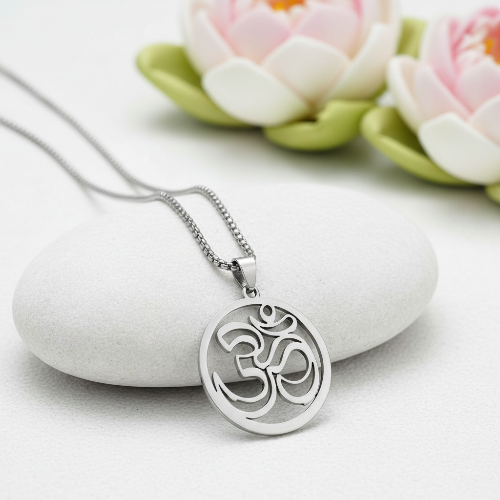 Collana Om Circolare - pietra bianca zen con loto
