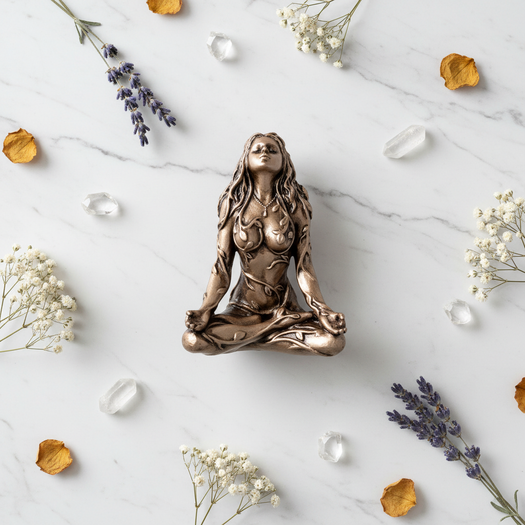 Statua Madre Terra in Meditazione - flatlay su marmo