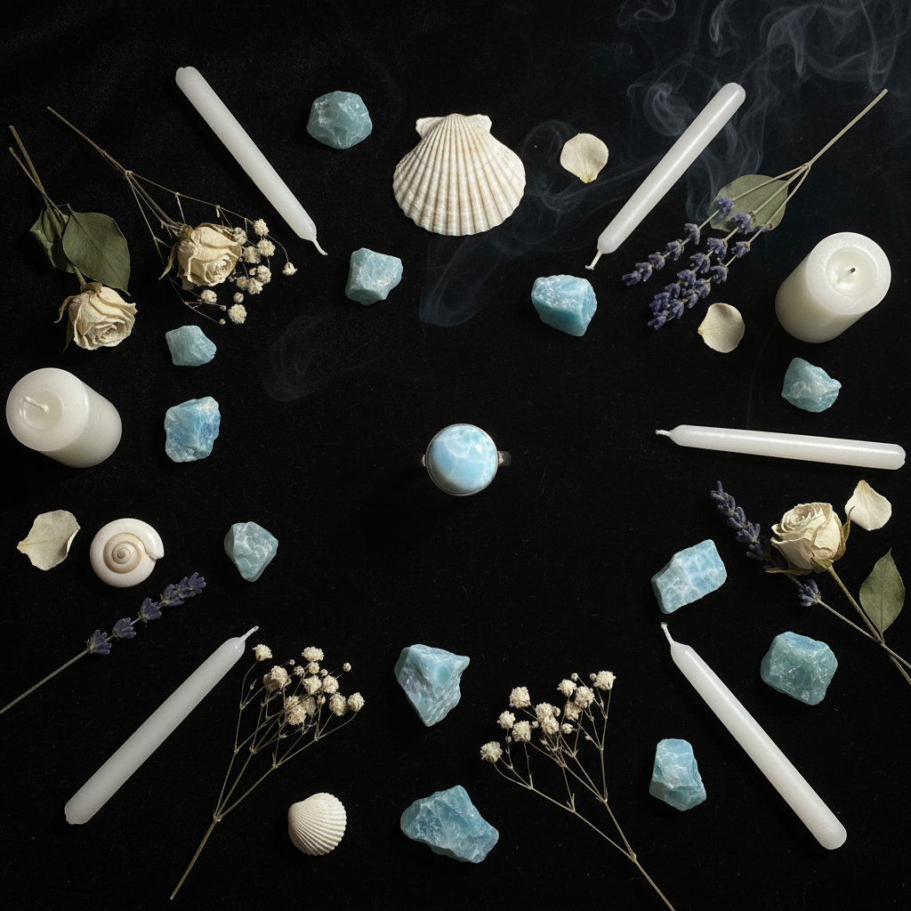 Anello Larimar Naturale Rotondo flat lay esoterico