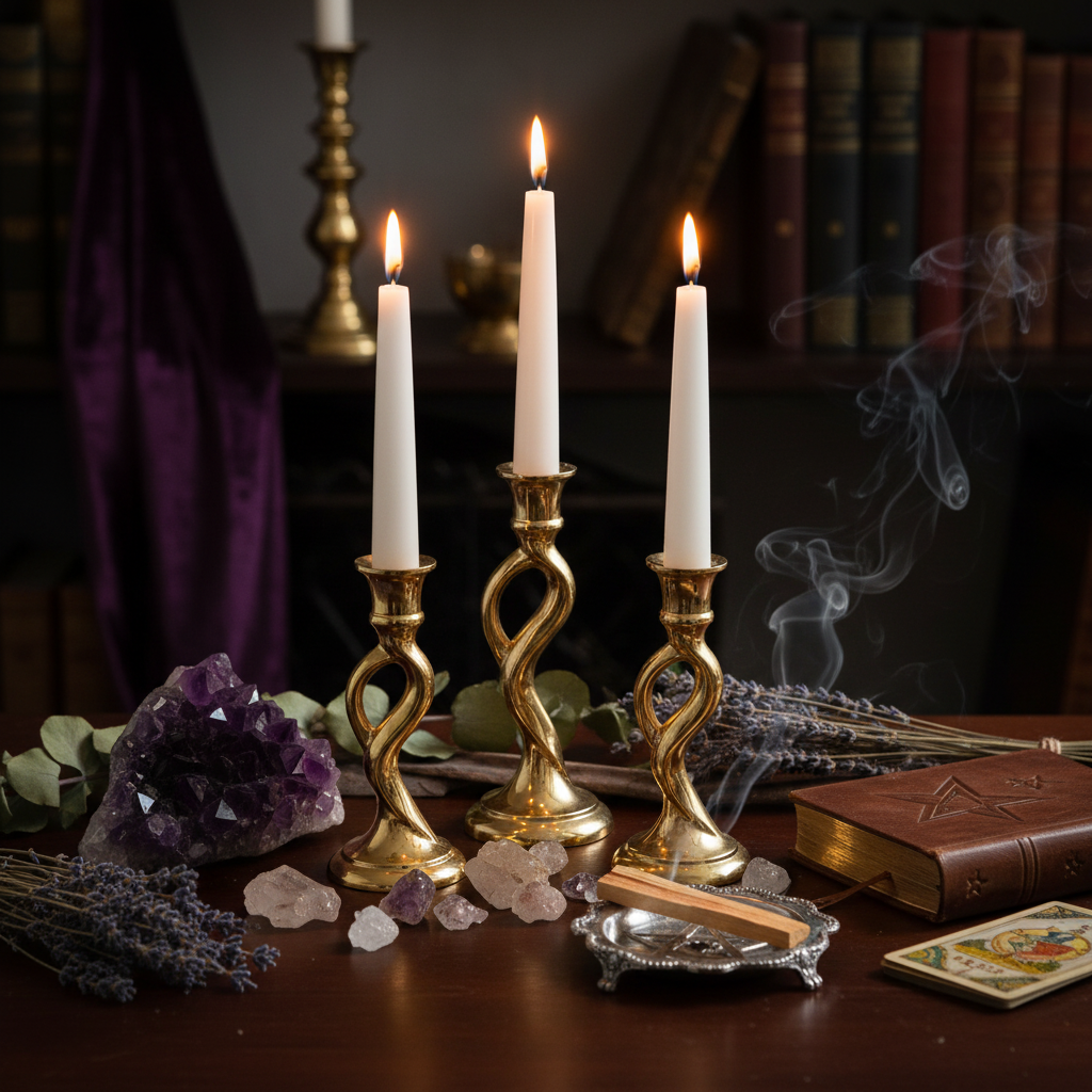 Candele Bianche 20cm - altare esoterico con candelieri dorati