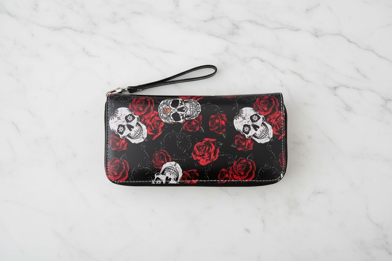 Portafoglio Teschi e Rose - flat lay su marmo bianco