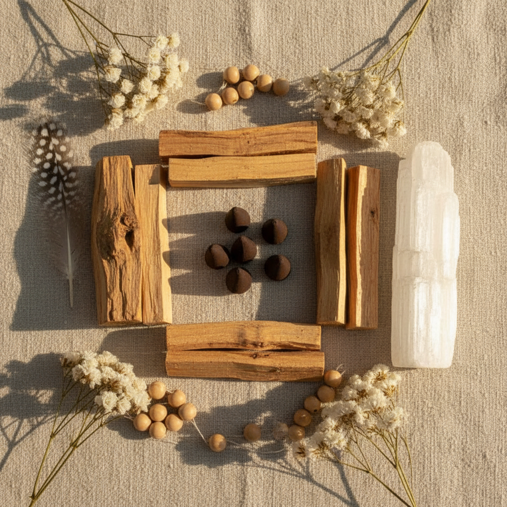 Coni Palo Santo - flatlay lino selenite fiori e piume