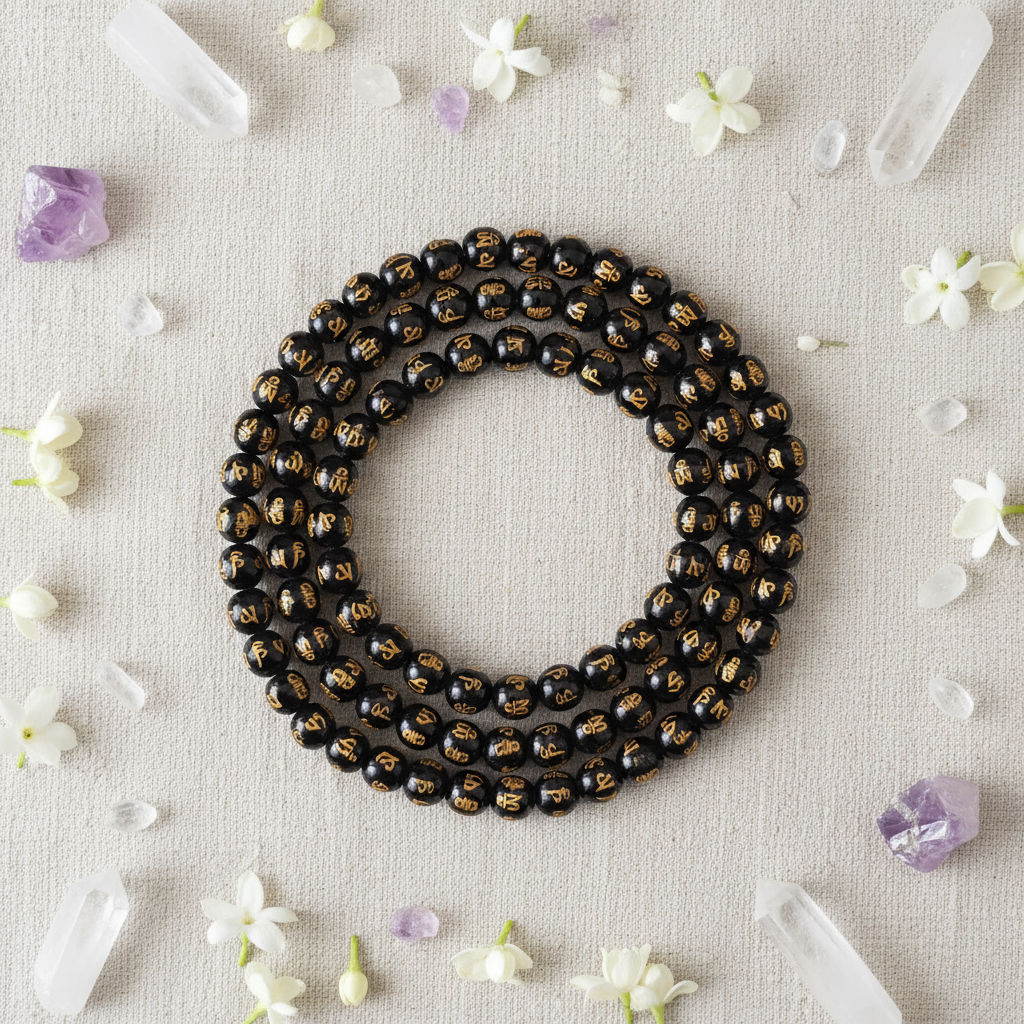 Japamala agata nera mantra Om filo nero - composizione con fiori e cristalli