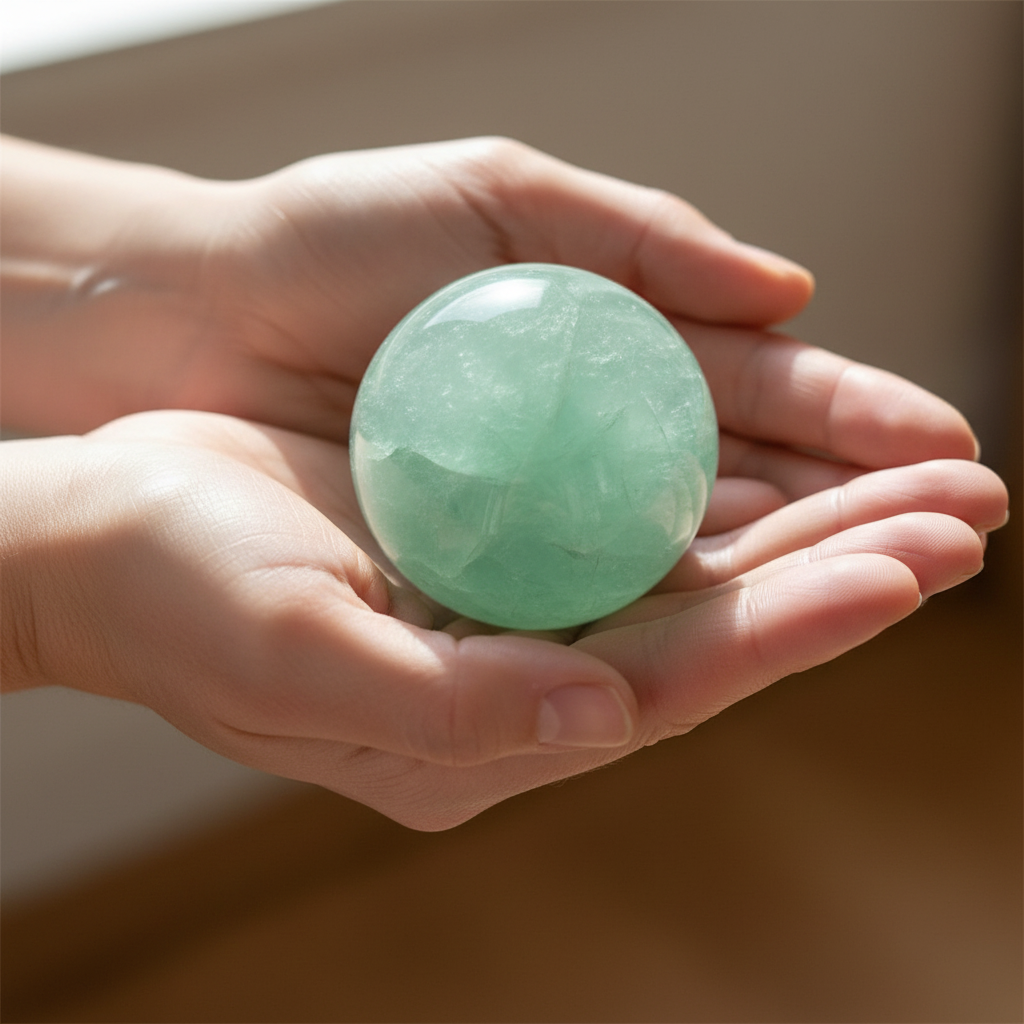 Sfera Fluorite Verde tenuta in mano
