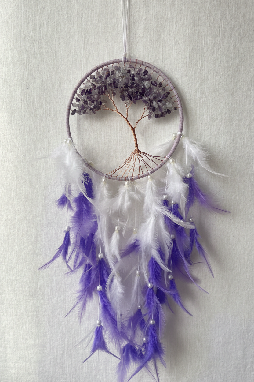 Dreamcatcher albero della vita ametista - lifestyle su lino