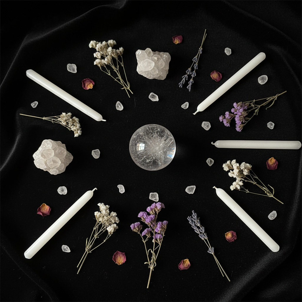 Sfera Cristallo di Rocca flat lay esoterico