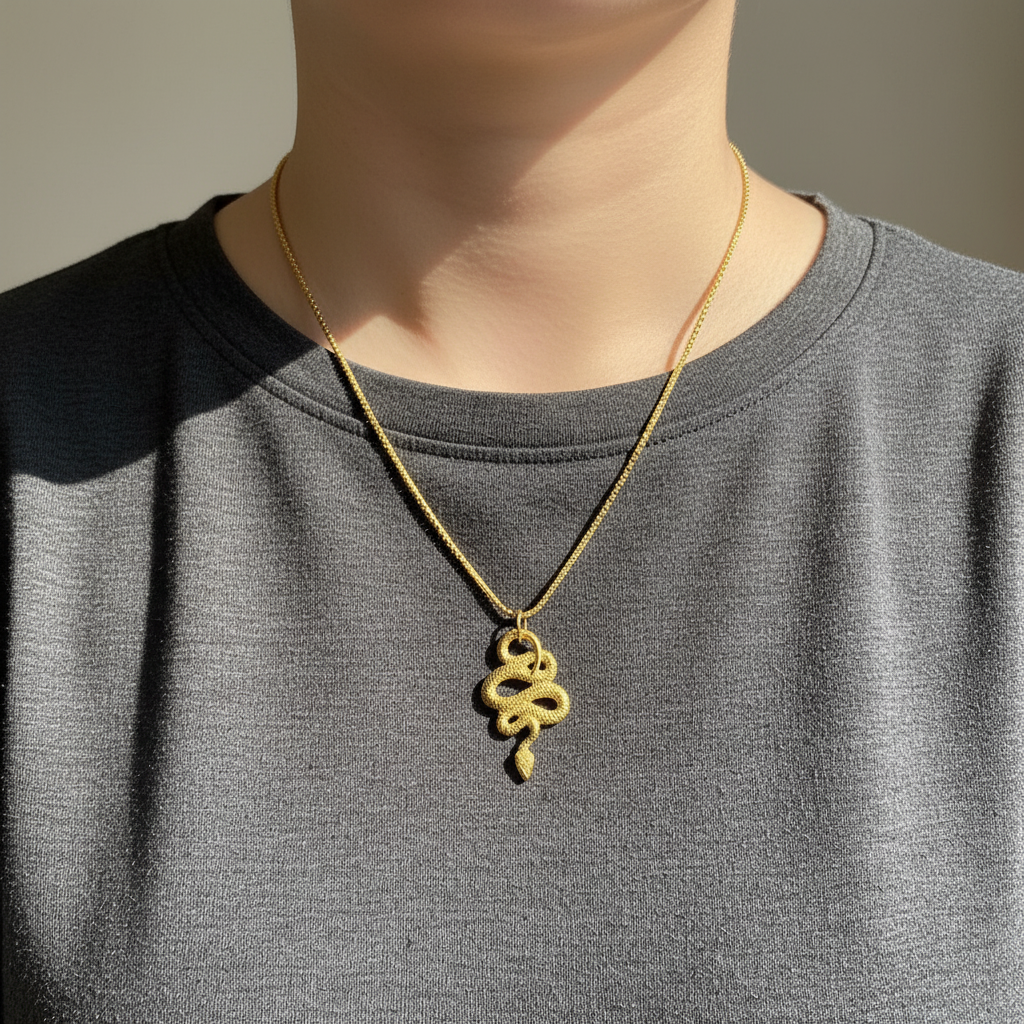 Collana serpente avvolto gold indossata al collo