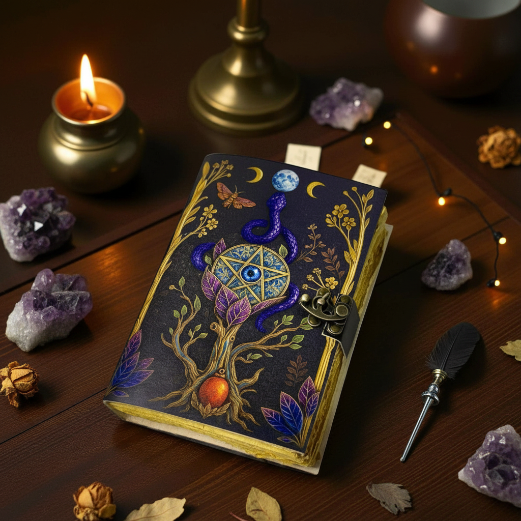 Grimorio Albero della Vita - flatlay legno scuro con candele e piuma nera