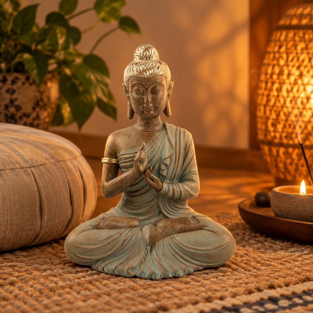 Buddha in resina in angolo di meditazione con luce calda