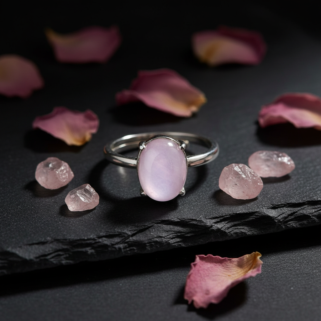 Anello kunzite su ardesia scura con petali rosa