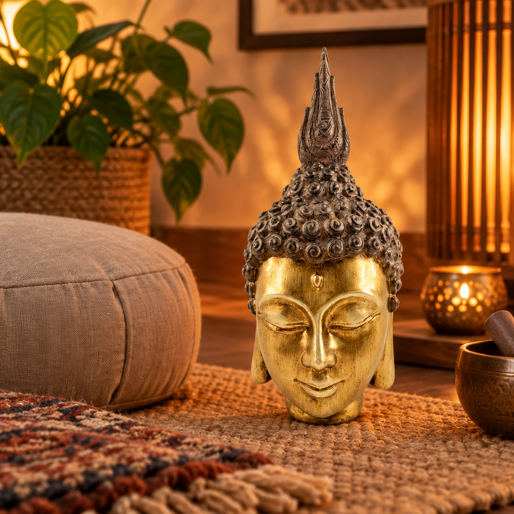 Testa di Buddha in angolo di meditazione