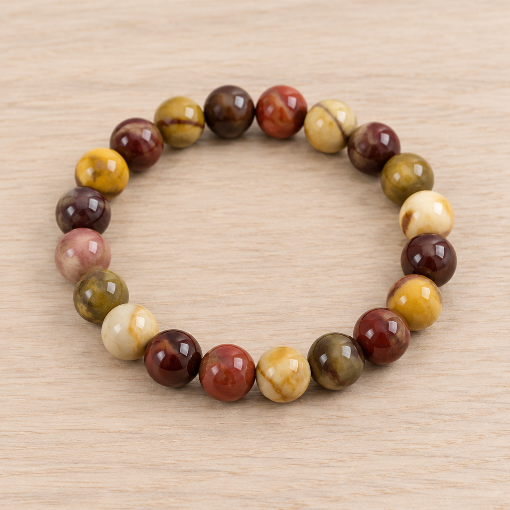 Bracciale in mookaite su legno chiaro